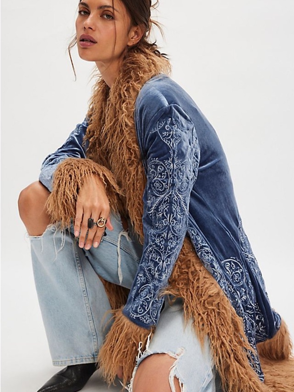 NWT Rare Free People x Understated Leather Moon Glow Coat Blue Tan Velvet size M